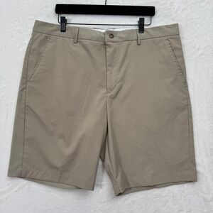 Greg Norman Shorts Mens 38 Tan Golf Performance Stretch Flat Front Shark Logo
